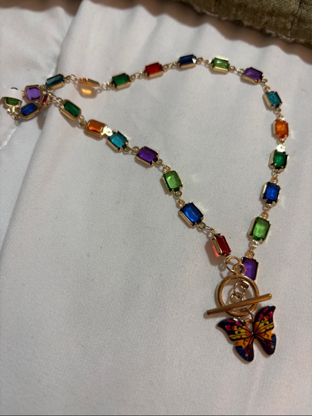 Gold Butterfly Pendant Necklace with Multicolor Gem Accents - Women Jewelry